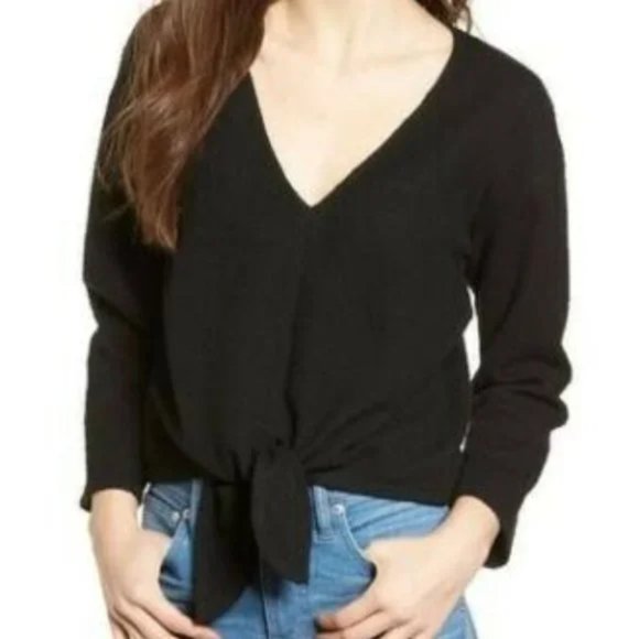 Madewell Texture & Thread Long Sleeve Tie-front Black Top - Picture 2 of 6